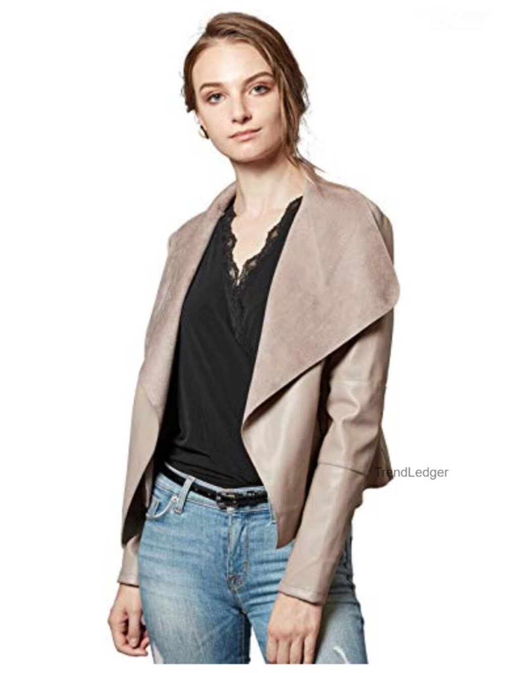 Faux Leather Jacket Slim Open Front Lapel Blazer Cropped 2 Pockets Metal Zippers